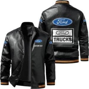 Vintage Ford Trucks Exclusive Logo Leather Jacket, Classic Ribbed Collar Striped Cuffs, Custom Name TN160325Y12LJ93CT1FOT