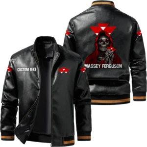 Vintage Massey Ferguson Exclusive Logo Leather Jacket, Classic Ribbed Collar Striped Cuffs, Custom Name TN160325Y12LJ93CT1MAF