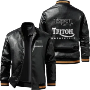 Vintage Triton Exclusive Logo Leather Jacket, Classic Ribbed Collar Striped Cuffs, Custom Name TN160325Y12LJ93CT1TTN