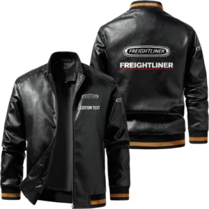 Vintage Freightliner Exclusive Logo Leather Jacket, Classic Ribbed Collar Striped Cuffs, Custom Name TN160325Y12LJ93CT2FRE