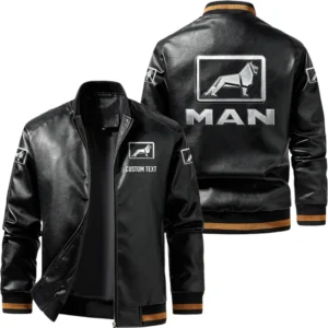 Vintage MAN Trucks Exclusive Logo Leather Jacket, Classic Ribbed Collar Striped Cuffs, Custom Name TN160325Y12LJ93CT2MAN