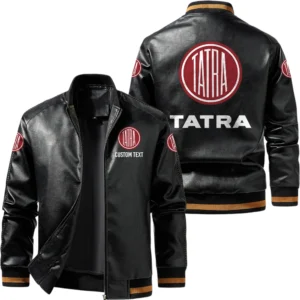Vintage Tatra Exclusive Logo Leather Jacket, Classic Ribbed Collar Striped Cuffs, Custom Name TN160325Y12LJ93CT2TAT