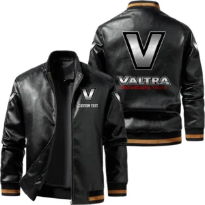 Vintage Valtra Exclusive Logo Leather Jacket, Classic Ribbed Collar Striped Cuffs, Custom Name TN160325Y12LJ93CT2VAT