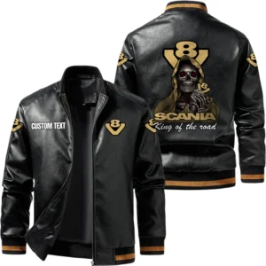Vintage Scania V8 Exclusive Logo Leather Jacket, Classic Ribbed Collar Striped Cuffs, Custom Name TN160325Y12LJ93CT3SCA