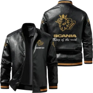 Vintage Scania V8 Exclusive Logo Leather Jacket, Classic Ribbed Collar Striped Cuffs, Custom Name TN160325Y12LJ93CT4SCA