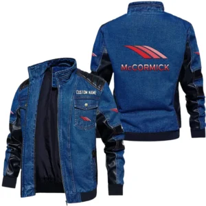 Vintage McCormick Denim Jacket Sleeve PU Leather, Stand Collar Multi Pockets Custom Name TN140325Y34J91BLMCC