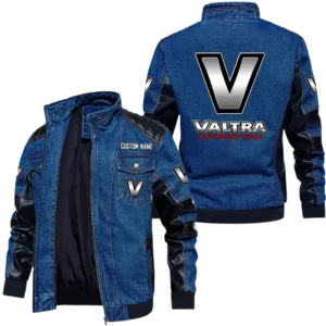 Vintage Valtra Denim Jacket Sleeve PU Leather, Stand Collar Multi Pockets Custom Name TN140325Y34J91BLVAT