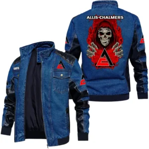 Vintage Allis Chalmers Denim Jacket Sleeve PU Leather, Stand Collar Multi Pockets Custom Name TN150325Y34J91BLCT1ALC