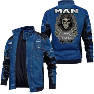 Vintage MAN Truck Denim Jacket Sleeve PU Leather, Stand Collar Multi Pockets Custom Name TN150325Y34J91BLCT1MAN