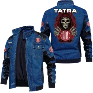 Vintage Tatra Denim Jacket Sleeve PU Leather, Stand Collar Multi Pockets Custom Name TN150325Y34J91BLCT1TAT