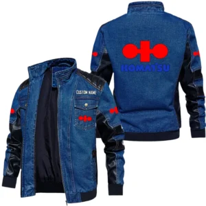 Vintage Komatsu Denim Jacket Sleeve PU Leather, Stand Collar Multi Pockets Custom Name TN150325Y34J91BLCT2KOA