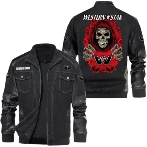 Vintage Western Star Trucks Denim Jacket Sleeve PU Leather, Stand Collar Multi Pockets Custom Name TN070625Y34J91BLCT1WST