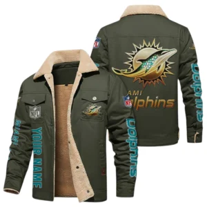 Miami Dolphins Fleece Lined Thick Jacket Fur Lapel Collar Custom Name