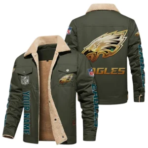 Philadelphia Eagles Fleece Lined Thick Jacket Fur Lapel Collar Custom Name