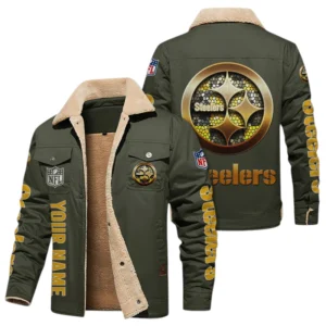 Pittsburgh Steelers Fleece Lined Thick Jacket Fur Lapel Collar Custom Name