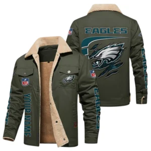 Philadelphia Eagles Fleece Lined Thick Jacket Fur Lapel Collar Custom Text