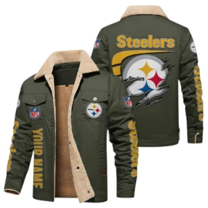 Pittsburgh Steelers Fleece Lined Thick Jacket Fur Lapel Collar Custom Text