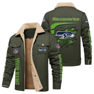 Seattle Seahawks Fleece Lined Thick Jacket Fur Lapel Collar Custom Text
