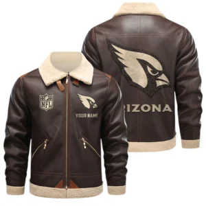 Arizona Cardinals PU Leather Fleece-Lined Bomber Jacket Winter Warm Coat Custom Text