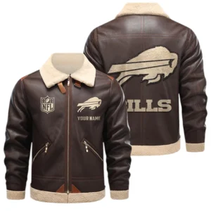 Buffalo Bills PU Leather Fleece-Lined Bomber Jacket Winter Warm Coat Custom Name