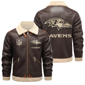 Baltimore Ravens PU Leather Fleece-Lined Bomber Jacket Winter Warm Coat Custom Name