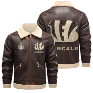 Cincinnati Bengals PU Leather Fleece-Lined Bomber Jacket Winter Warm Coat Custom Name