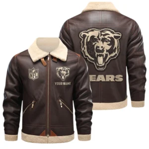 Chicago Bears PU Leather Fleece-Lined Bomber Jacket Winter Warm Coat Custom Name