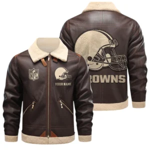 Cleveland Browns PU Leather Fleece-Lined Bomber Jacket Winter Warm Coat Custom Name