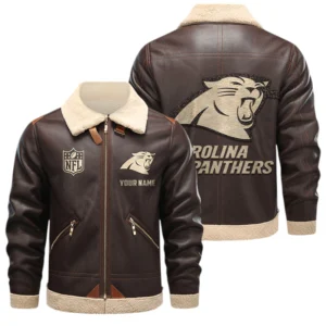 Carolina Panthers PU Leather Fleece-Lined Bomber Jacket Winter Warm Coat Custom Name