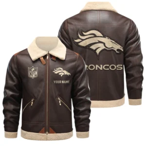 Denver Broncos PU Leather Fleece-Lined Bomber Jacket Winter Warm Coat Custom Name