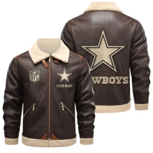 Dallas Cowboys PU Leather Fleece-Lined Bomber Jacket Winter Warm Coat Custom Name