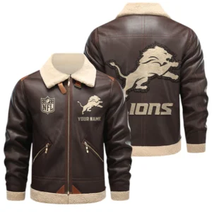 Detroit Lions PU Leather Fleece-Lined Bomber Jacket Winter Warm Coat Custom Name