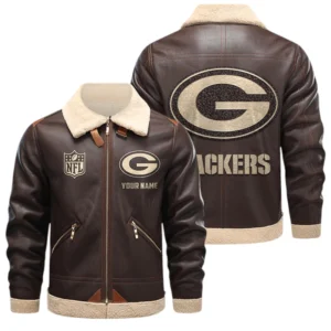 Green Bay Packers PU Leather Fleece-Lined Bomber Jacket Winter Warm Coat Custom Name