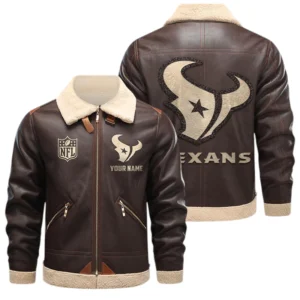 Houston Texans PU Leather Fleece-Lined Bomber Jacket Winter Warm Coat Custom Name