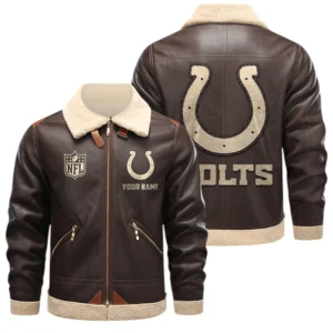 Indianapolis Colts PU Leather Fleece-Lined Bomber Jacket Winter Warm Coat Custom Name