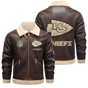 Kansas City Chiefs PU Leather Fleece-Lined Bomber Jacket Winter Warm Coat Custom Name