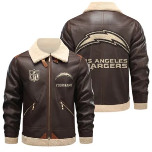 Los Angeles Chargers PU Leather Fleece-Lined Bomber Jacket Winter Warm Coat Custom Name