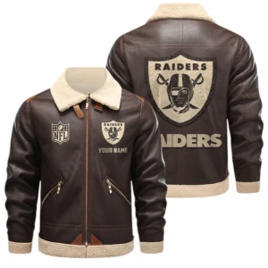 Las Vegas Raiders PU Leather Fleece-Lined Bomber Jacket Winter Warm Coat Custom Name