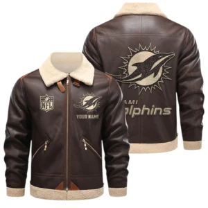 Miami Dolphins PU Leather Fleece-Lined Bomber Jacket Winter Warm Coat Custom Name