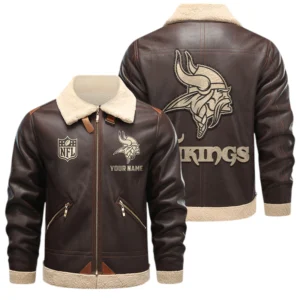 Minnesota Vikings PU Leather Fleece-Lined Bomber Jacket Winter Warm Coat Custom Name