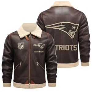 New England Patriots PU Leather Fleece-Lined Bomber Jacket Winter Warm Coat Custom Name