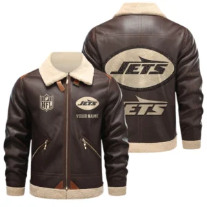New York Jets PU Leather Fleece-Lined Bomber Jacket Winter Warm Coat Custom Name