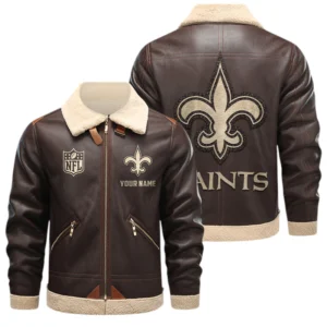New Orleans Saints PU Leather Fleece-Lined Bomber Jacket Winter Warm Coat Custom Name