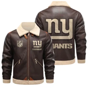 New York Giants PU Leather Fleece-Lined Bomber Jacket Winter Warm Coat Custom Name