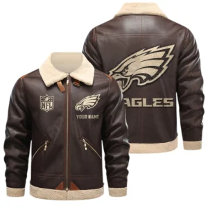 Philadelphia Eagles PU Leather Fleece-Lined Bomber Jacket Winter Warm Coat Custom Name