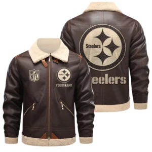 Pittsburgh Steelers PU Leather Fleece-Lined Bomber Jacket Winter Warm Coat Custom Name