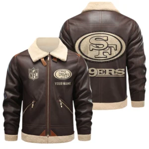 San Francisco 49ers PU Leather Fleece-Lined Bomber Jacket Winter Warm Coat Custom Name