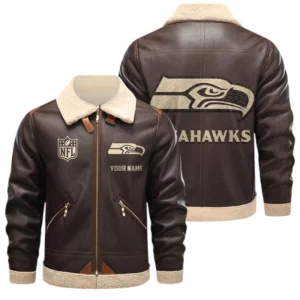 Seattle Seahawks PU Leather Fleece-Lined Bomber Jacket Winter Warm Coat Custom Name