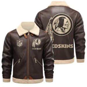 Washington Redskin PU Leather Fleece-Lined Bomber Jacket Winter Warm Coat Custom Name