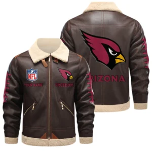 Arizona Cardinals PU Leather Fleece-Lined Bomber Jacket Winter Warm Coat Custom Name
